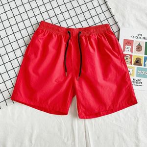 Summer Loose Casual Solid Color Shorts Polyester Drawstring Beach Shorts for Men (Color:Red Size:XXXXL)