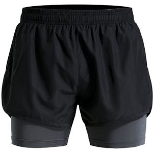 Men Fake Two-piece Sports Stretch Shorts (Color:Black Gray Size:XXL)