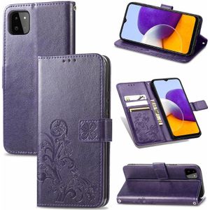 Voor Samsung Galaxy A22 5G Vierblad Sluiting Relif Buckle Mobiele Telefoon Bescherming Leren Case met Lanyard & Card Slot & Wallet & Bracket-functie (Paars)