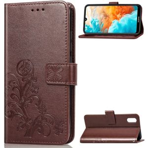 Lucky Clover Pressed Flowers Pattern Leather Case for Huawei Y6 Pro 2019  with Holder & Card Slots & Wallet & Hand Strap (Brown)