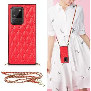 For Samsung Galaxy S20 Ultra Elegant Rhombic Pattern Microfiber Leather +TPU Shockproof Case with Crossbody Strap Chain(Red)