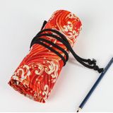 Golden Red Sea Wave Printing Roller Pencil Case Large Capacity Pencilcase Canvas Big Pen Bag(24 Holes)
