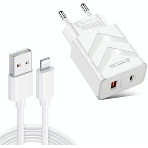 LZ-715 20W PD + QC 3.0 Dual-port Fast Charge Travel Charger with USB to 8 Pin Data Cable  EU Plug(White)