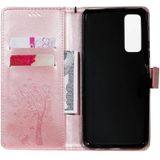 For Huawei P Smart 2021 Tree & Cat Pattern Pressed Printing Horizontal Flip PU Leather Case with Holder & Card Slots & Wallet & Lanyard(Rose Gold)