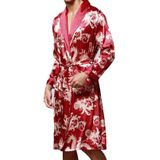 Men's Long Paragraph Silk Pajamas (Color:Burgundy Size:XXL)