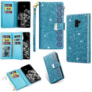 For Samsung Galaxy J6 (2018) Multi-card Slots Starry Sky Laser Carving Glitter Zipper Horizontal Flip Leather Case with Holder & Wallet & Lanyard(Sky Blue)