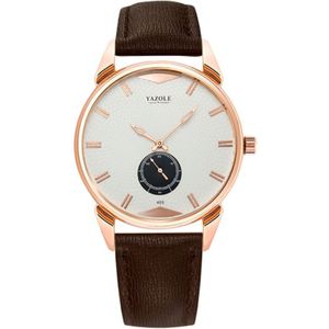 YAZOLE 405 Men Fashion Business PU Leather Band Quartz Wrist Watch  Luminous Points (White Dial + Brown Strap)