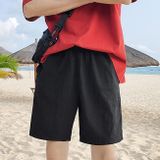 Summer Loose Casual Solid Color Shorts Polyester Drawstring Beach Shorts for Men (Color:Black Size:M)