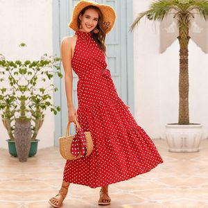 Sleeveless Hanging Neck Printed Chiffon Dress (Color:Red Size:M)