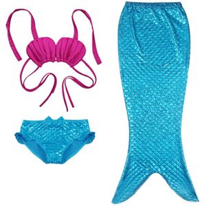 Girl Mermaid Tail 3 Pieces Swimmable Bikini Set Cute Swimsuit with Hat  Size: 130cm(Blue)