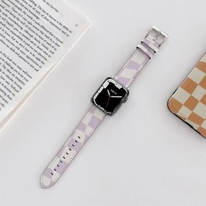 Checkerboard Lederen vervangende band horlogeband voor Apple Watch Series 7 & 6 & SE & 5 & 4 40 MM / 3 & 2 & 1 38mm (Paars)