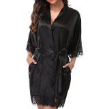 Half Sleeve Robe Vrouwen Faux Silk Pyjama Sexy Night Dress  Size:L (Zwart)