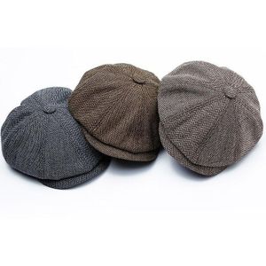 14128 Stripe Snap Design Beret Autumn And Winter Retro Wild Octagonal Hat  Size: 58CM(Coffee)