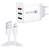 SDC-30W 2 in 1 USB to 8 Pin Data Cable + 30W QC 3.0 USB + 2.4A Dual USB 2.0 Ports Mobile Phone Tablet PC Universal Quick Charger Travel Charger Set  EU Plug