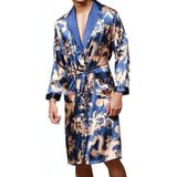 Men's Long Paragraph Silk Pajamas (Color:Sapphire Size:XXL)