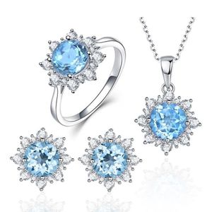 3 PCS/Set Snow Shape Gemstone Jewelry Set For Women  Ring Size:8(Sea Blue)