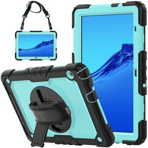 For Huawei MediaPad T5 Shockproof Colorful Silicone + PC Protective Case with Holder & Shoulder Strap & Hand Strap(Black Light Blue)