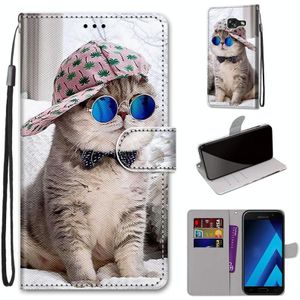 For Samsung Galaxy A5 2017 Coloured Drawing Cross Texture Horizontal Flip PU Leather Case with Holder & Card Slots & Wallet & Lanyard(Oblique Hat Blue Mirror Cat)