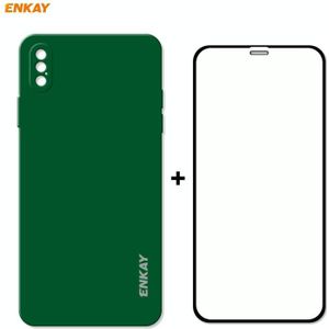 ENKAY ENK-PC0722 Hat-Prince Liquid Silicone Straight Edge Shockproof Protective Case + 0.26mm 9H 2.5D Full Glue Full Screen Tempered Glass Film For iPhone XS Max(Dark Green)