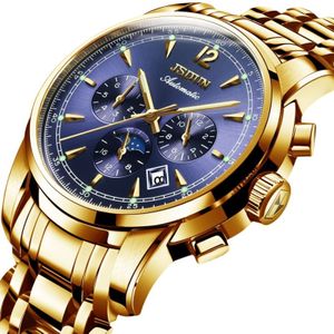 JIN SHI DUN 8750 Men Fashion Waterproof Luminous Mechanical Watch(Gold Blue)