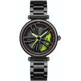 SANDA 1074 3D Hollow Out Wheel Non-rotatable Dial Quartz Watch for Women  Style:Steel Belt(Black Green)