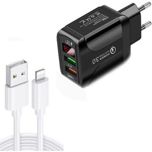 F002C QC3.0 USB + USB 2.0 LED Digital Display Fast Charger with USB to 8 Pin Data Cable  EU Plug(Black)