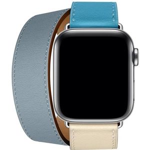 Two Color Double Loop Leather Wrist Strap Watchband for Apple Watch Series 3 & 2 & 1 38mm  Color:Grey Blue+Pink White+Ice Blue