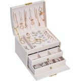 Three-Layer Leather Drawer Type Jewelry Storage Box Earrings Box With Lock(Creamy White)