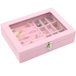 Home Glass Lid Flannel Storage Jewelry Box With Lid(9 Grids Pink)