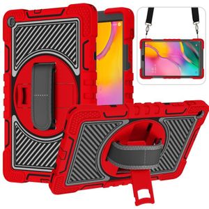 For Samsung Galaxy Tab A 10.1 2019 T515 360 Degree Rotation Contrast Color Shockproof Silicone + PC Case with Holder & Hand Grip Strap & Shoulder Strap(Red+Black)