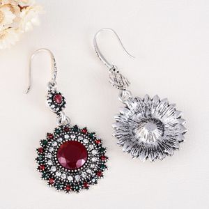 2 Pairs Ethnic Sun Flower Style Rhinestone Earrings Long Earbobs(Silver+Red)