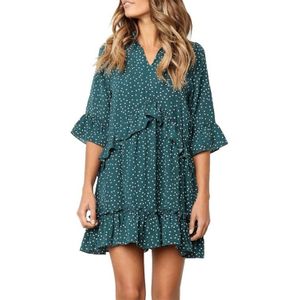 Burst Ruffled Rok Fashion Dot Jurk  Maat: M (Groen)