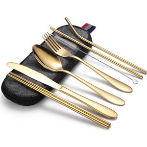 7 in 1 Cutlery Spoon Chopsticks And Straw Set Stainless Steel Portable Cutlery Set  Specification: Gold  + Deep Bag