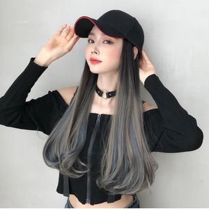 Hat Wig Integrated Gradient Highlighting Long Curly Hair Cap Long Hair Micro-Volume Wig(Gradient Aoki Grey Pick Haze Blue 60CM)