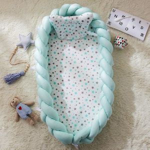 Cotton Woven Folding Portable Crib Bed Bionic Removable and Washable Manual Fence Three-dimensional Protective Crib(Light Blue)