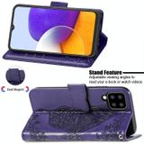 For Samsung Galaxy A22 5G Butterfly Love Flowers Embossed Horizontal Flip Leather Case with Holder & Card Slots & Wallet & Lanyard(Dark Purple)