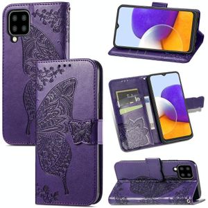 For Samsung Galaxy A22 5G Butterfly Love Flowers Embossed Horizontal Flip Leather Case with Holder & Card Slots & Wallet & Lanyard(Dark Purple)