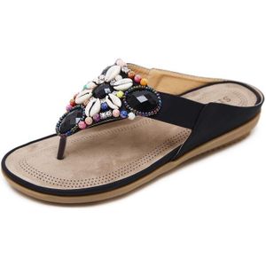 Ladies Summer Bohemian Sandals Seaside Retro Beaded Shell Slippers  Size: 38(Black)