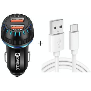 YSY-349 QC3.0 Dual Port USB Car Charger + 3A USB to USB-C / Type-C Data Cable  Length: 1m(Black)