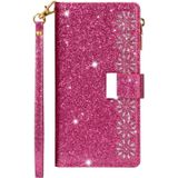 For Samsung Galaxy J6 (2018) Multi-card Slots Starry Sky Laser Carving Glitter Zipper Horizontal Flip Leather Case with Holder & Wallet & Lanyard(Rose Red)