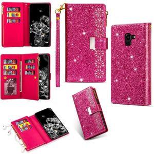 For Samsung Galaxy J6 (2018) Multi-card Slots Starry Sky Laser Carving Glitter Zipper Horizontal Flip Leather Case with Holder & Wallet & Lanyard(Rose Red)