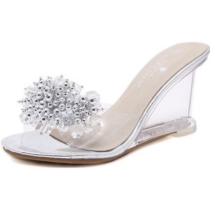 Woman Glass Rhinestone Wedge Heels  Shoe Size:37(Silver)