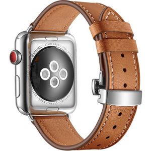 Genuine Leather + Butterfly Silver Buckle Replacement Watchbands For Apple Watch Series 6 & SE & 5 & 4 44mm / 3 & 2 & 1 42mm(Brown)