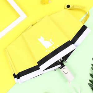 Small Fresh Three-Fold Automatic Black Rubber Sunscreen Umbrella Cartoon Cat Sunny Rain Umbrella(Yellow)