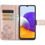 For Samsung Galaxy A22 4G Four-leaf Clasp Embossed Buckle Mobile Phone Protection Leather Case with Lanyard & Card Slot & Wallet & Bracket Function(Rose Gold)