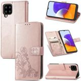 For Samsung Galaxy A22 4G Four-leaf Clasp Embossed Buckle Mobile Phone Protection Leather Case with Lanyard & Card Slot & Wallet & Bracket Function(Rose Gold)