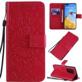 For Huawei P40 Pro Pressed Printing Sunflower Pattern Horizontal Flip PU Leather Case with Holder & Card Slots & Wallet & Lanyard(Red)