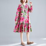 Large Size Loose And Thin Mid-length Linen Cotton Print Dress (Color:Rose Red Size:L)