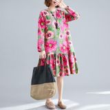 Large Size Loose And Thin Mid-length Linen Cotton Print Dress (Color:Rose Red Size:L)