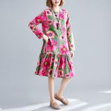 Large Size Loose And Thin Mid-length Linen Cotton Print Dress (Color:Rose Red Size:L)